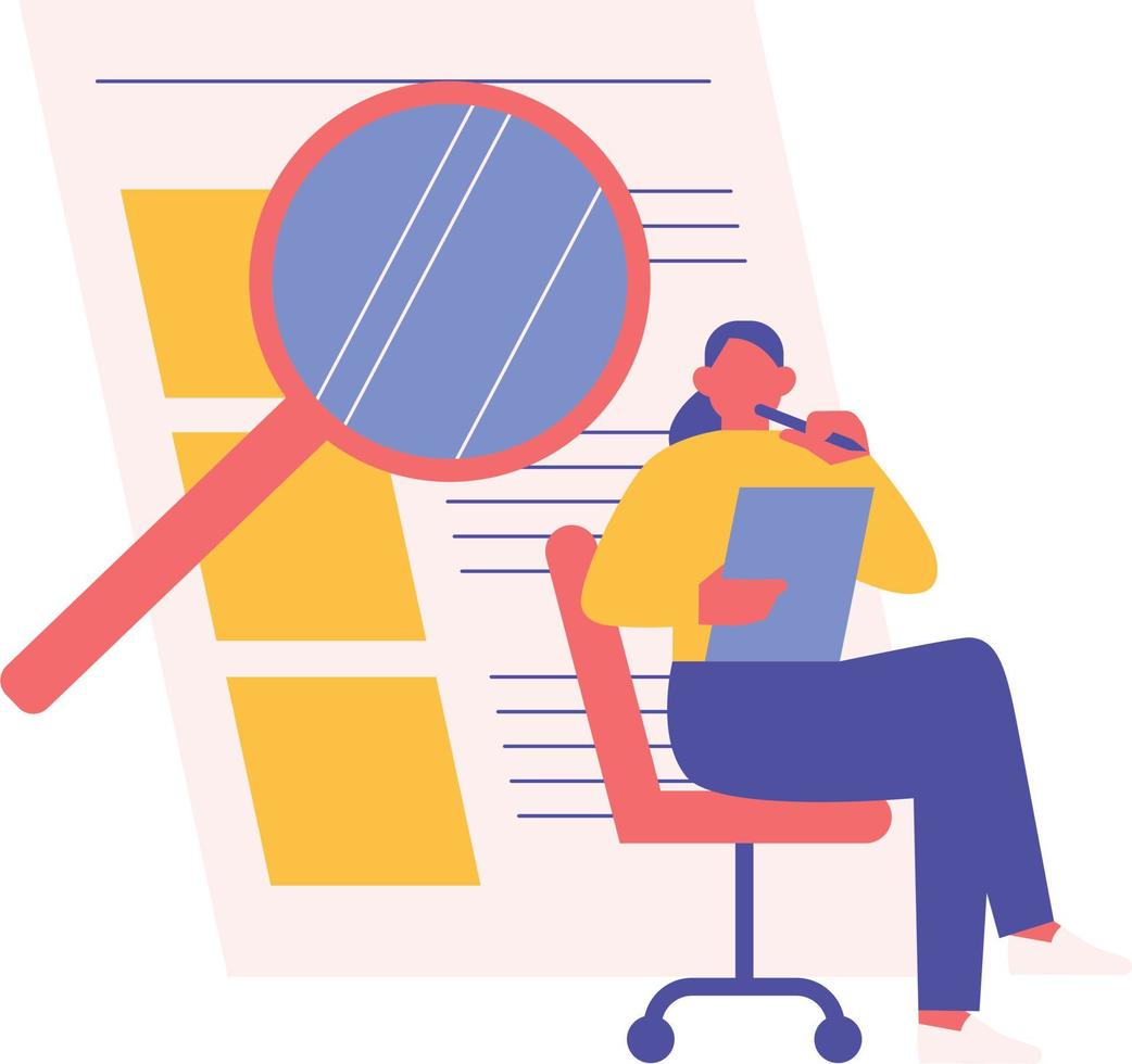 Businesswoman looking through magnifying glass on paper document. Female character sitting in office chair and looking through magnifying glass. Vector illustration in flat style