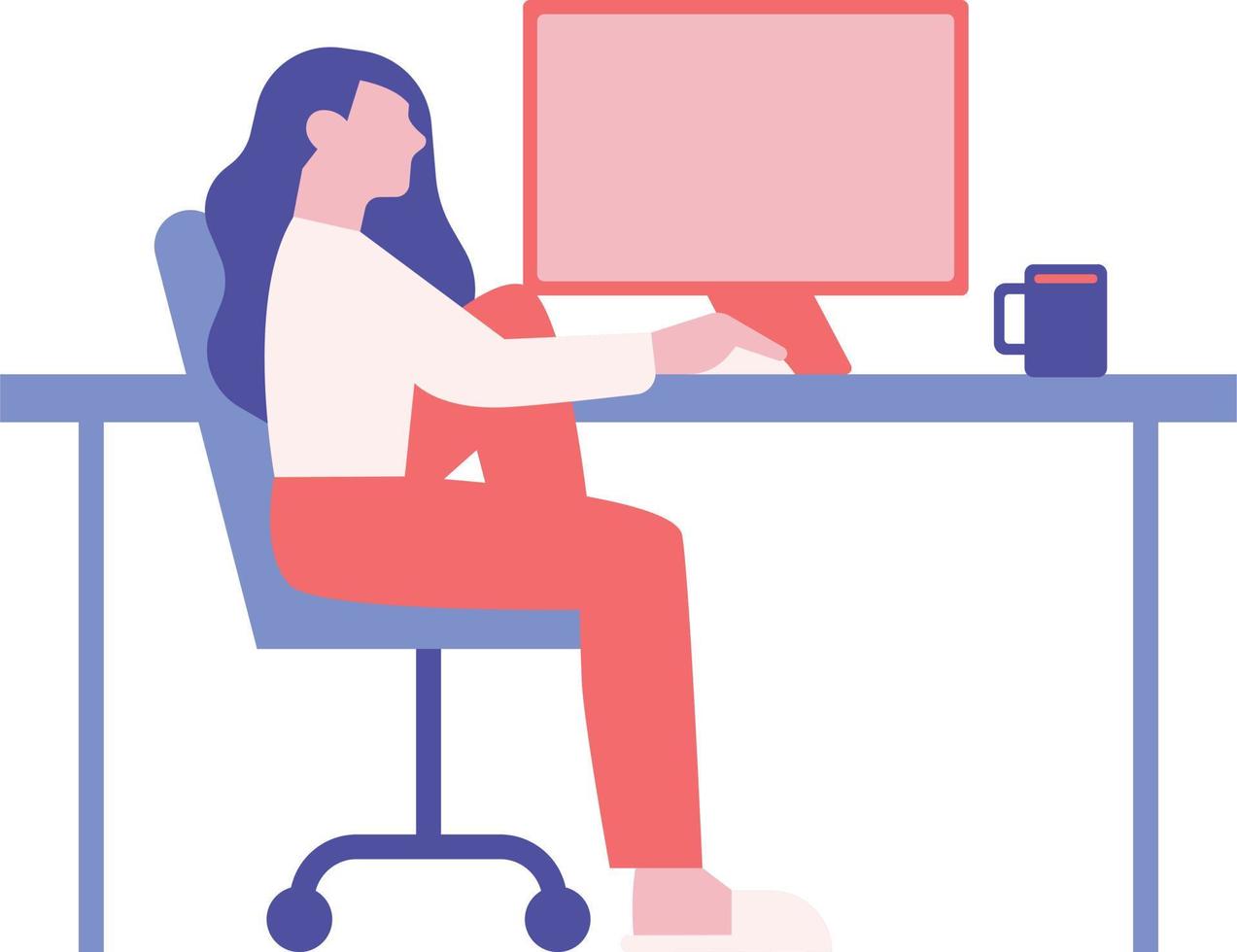 Woman sitting at desk with computer. Vector illustration in flat style.