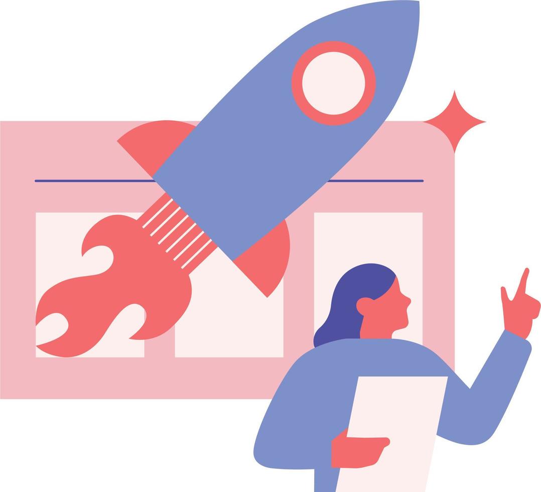 Startup concept. Businesswoman with rocket. Vector illustration in a flat style