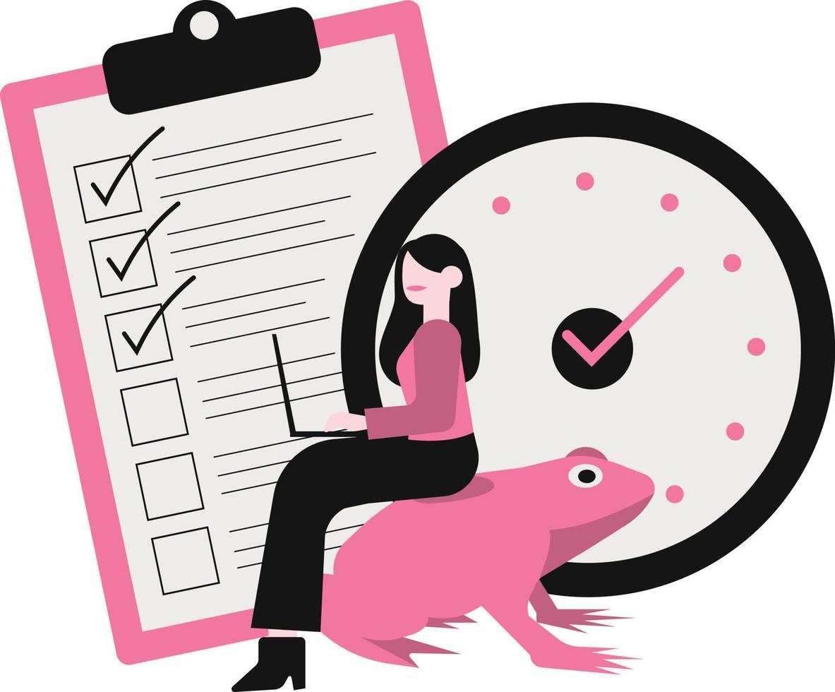 businesswoman with checklist and frog on white background vector illustration design