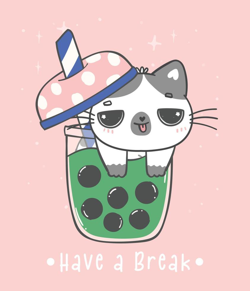 Kawaii calico kitten cat in bubble green matcha tea cup, boba cat Have a break, adorable cartoon animal dodole hand drawing vector