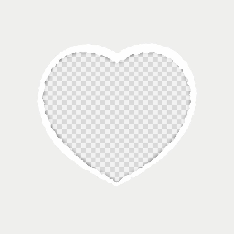 vector white paper torn in the shape of heart. Vector realistic illustration of white torn paper with shadow and heart shaped hole on transparent background with frame for text.
