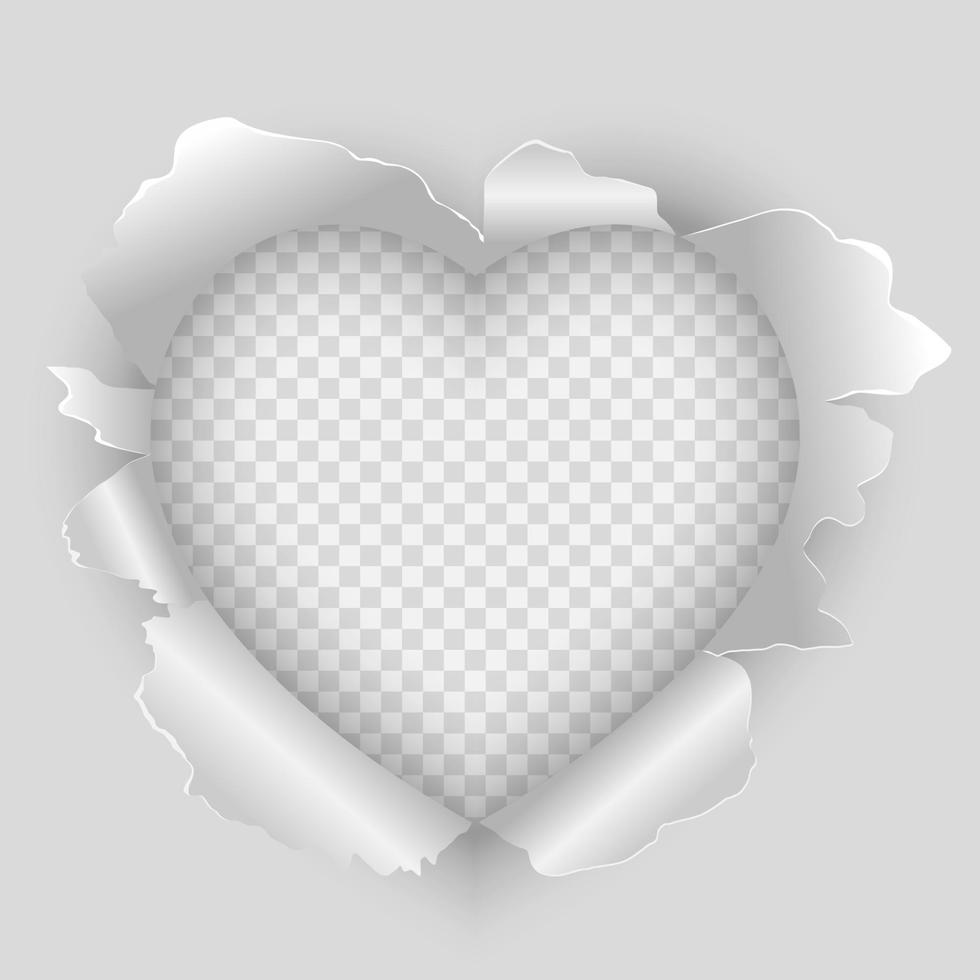 Rasgado agujero y rasgado de papel en corazón forma en un transparente fondo, papel Arte y san valentin día concepto, vector Arte y ilustración