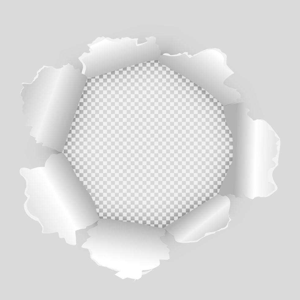 Paper with torn a circle. Vector realistic illustration of white torn paper with shadow and circular shaped hole on transparent background with frame for text.