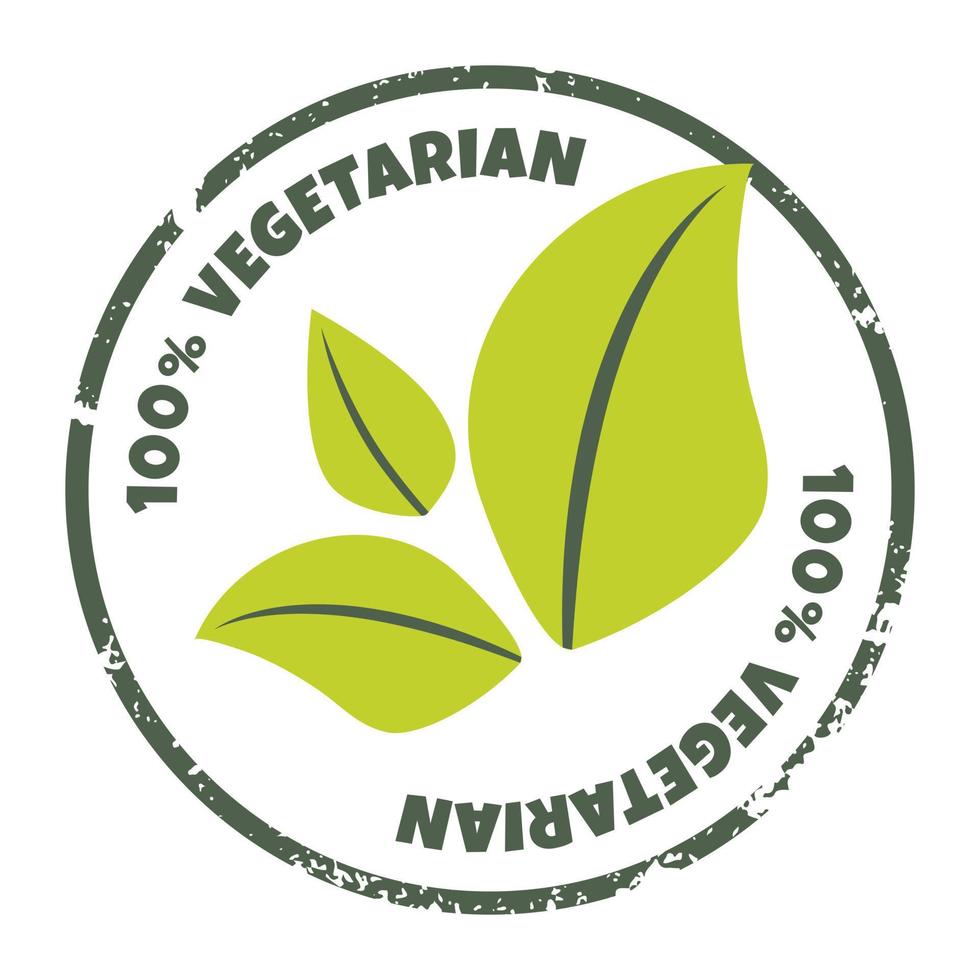 100 percent vegetarian icon. Vector label, logo, sticker. Textured round organic, bio, eco symbol with green leaves. Concept of healthy, fresh food