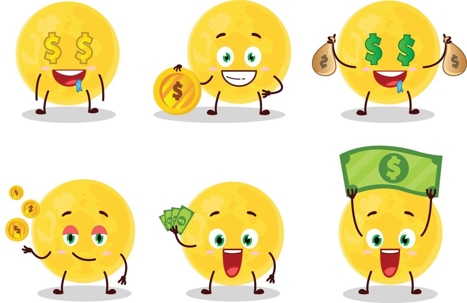 amarillo Luna dibujos animados personaje con linda emoticon traer dinero vector