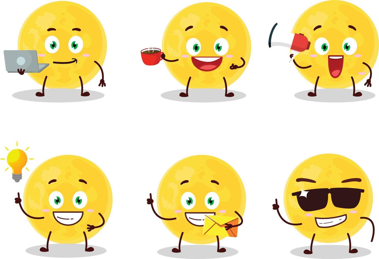 Yellow moon cartoon character with various types of business emoticons vector
