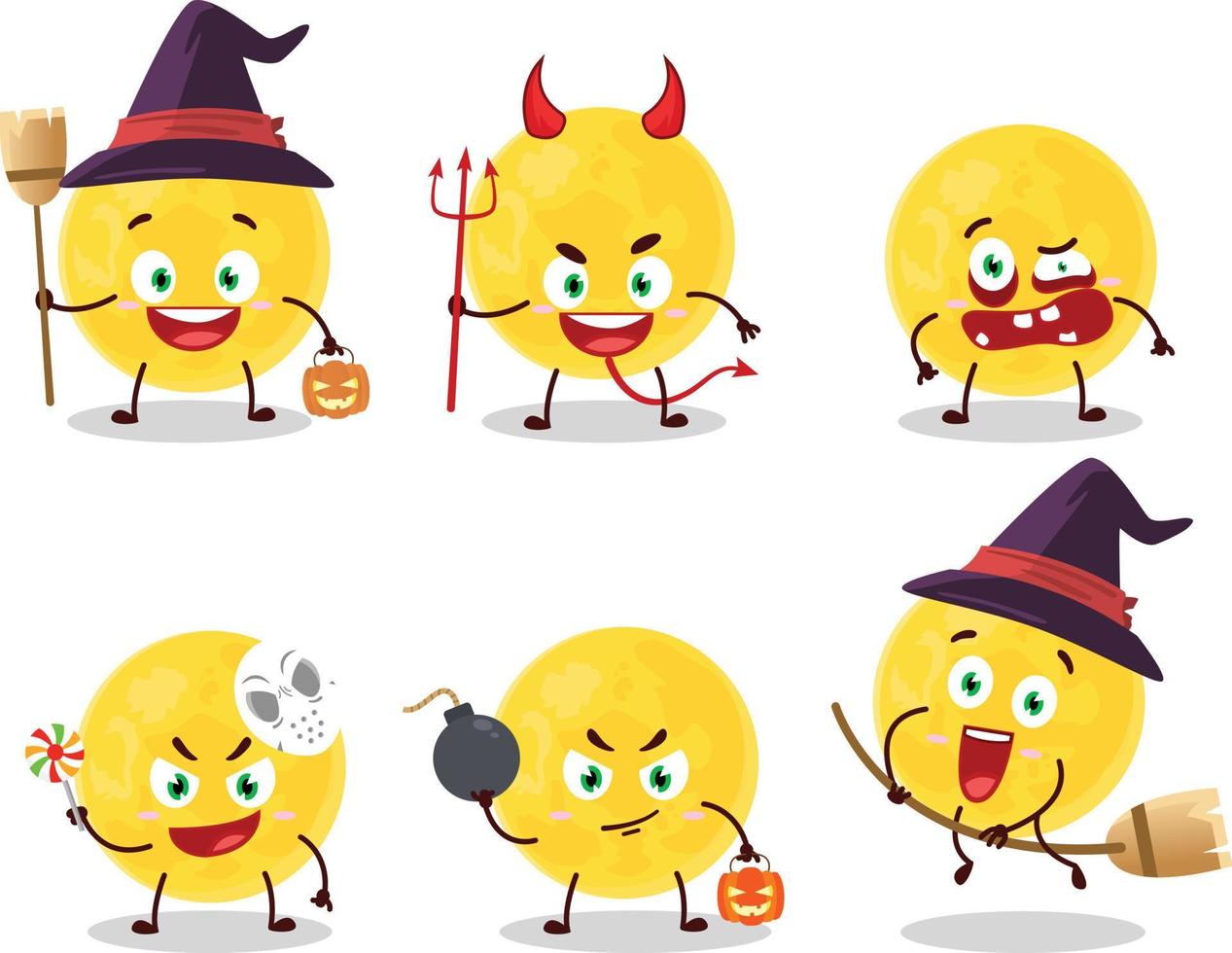 Halloween expression emoticons with cartoon character of yellow moon vector