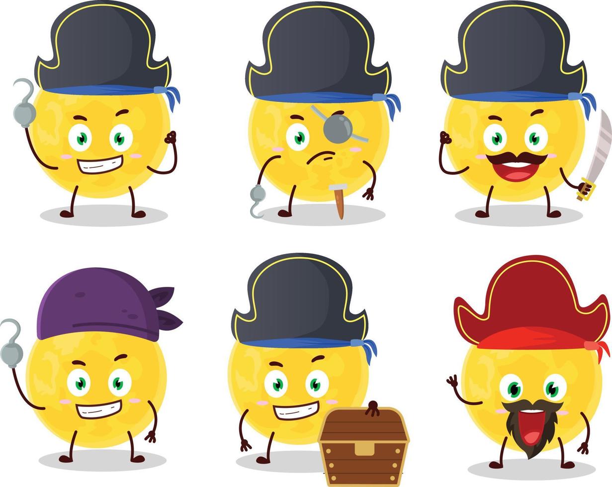 Cartoon character of yellow moon with various pirates emoticons vector