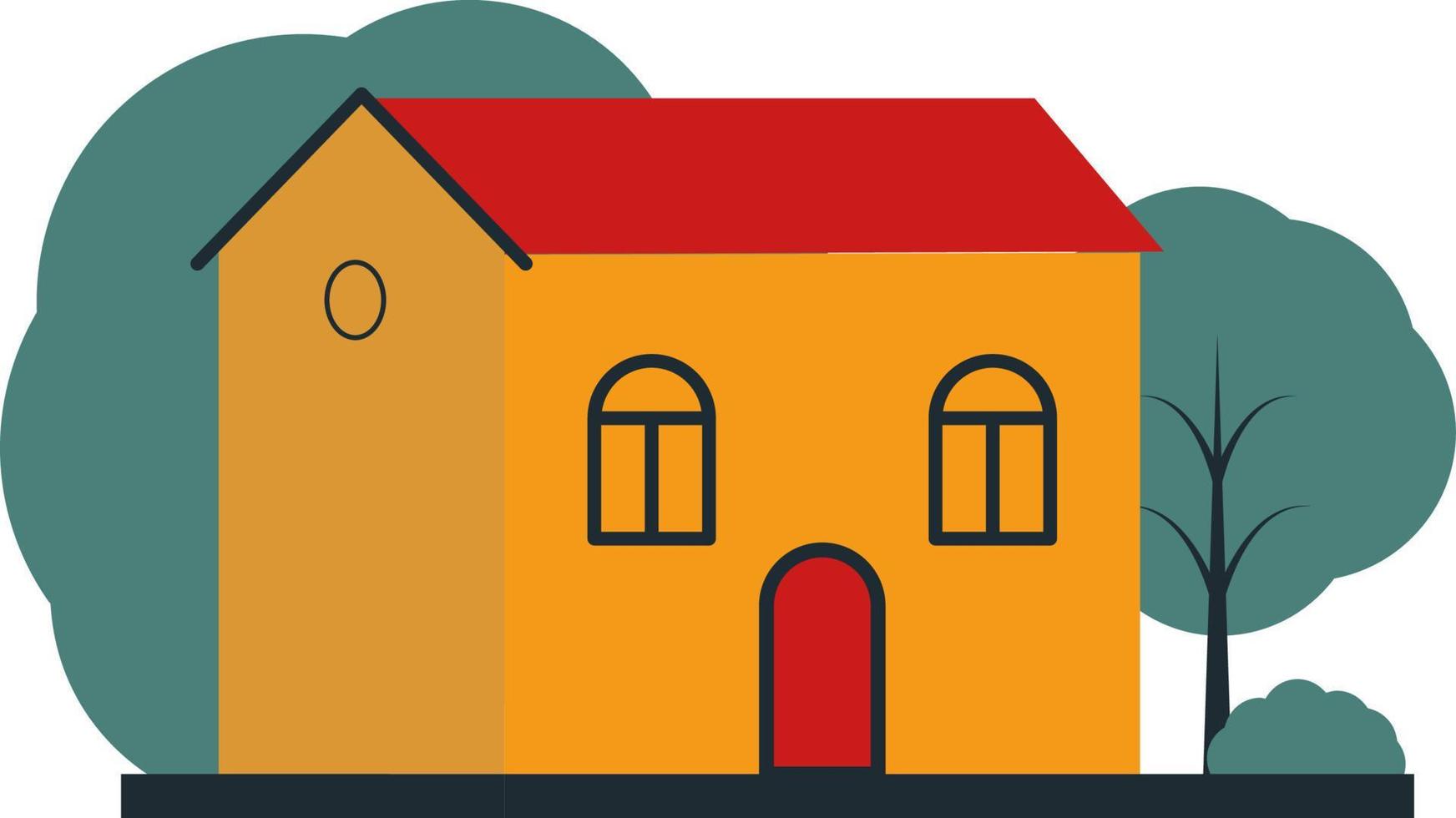 Vector yellow house with red roof and door eps 10. Vector country house with trees and shrubs in the yard eps 10.