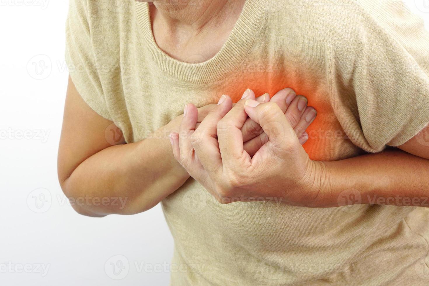 Woman hands touching her chest area suffering from pain. Health care and medical concept. photo