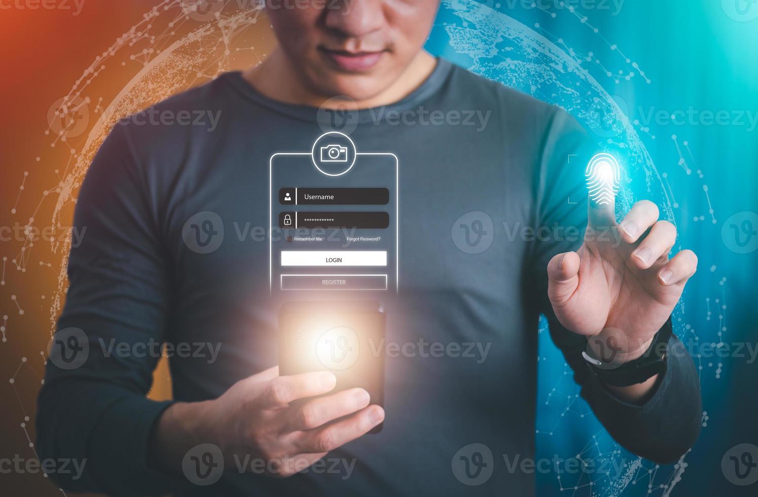 the person touching a virtual screen to scan fingerprint login, management concept, digital transformation Internet of Things, Big Data and Business Processes, Automated Operations, Data Storage photo