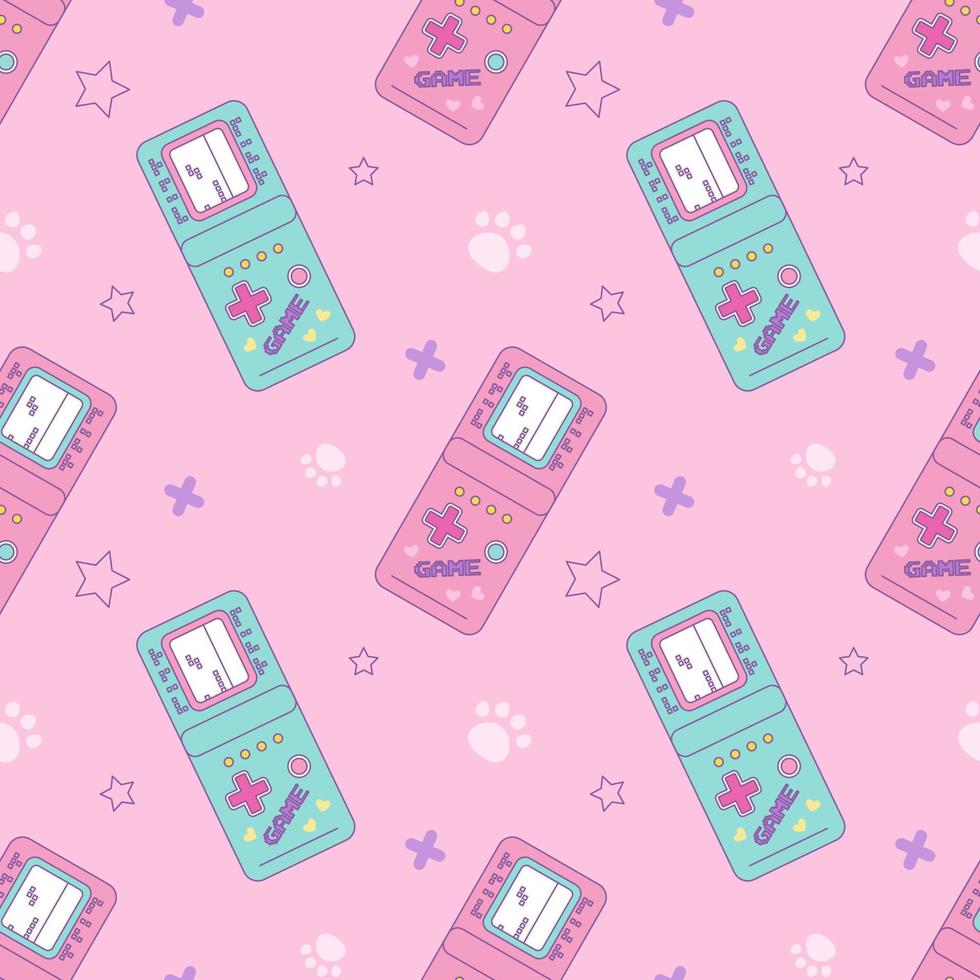 Electronic retro Tetris game. Vector seamless pattern in kawaii style. An old vintage console from the 90s