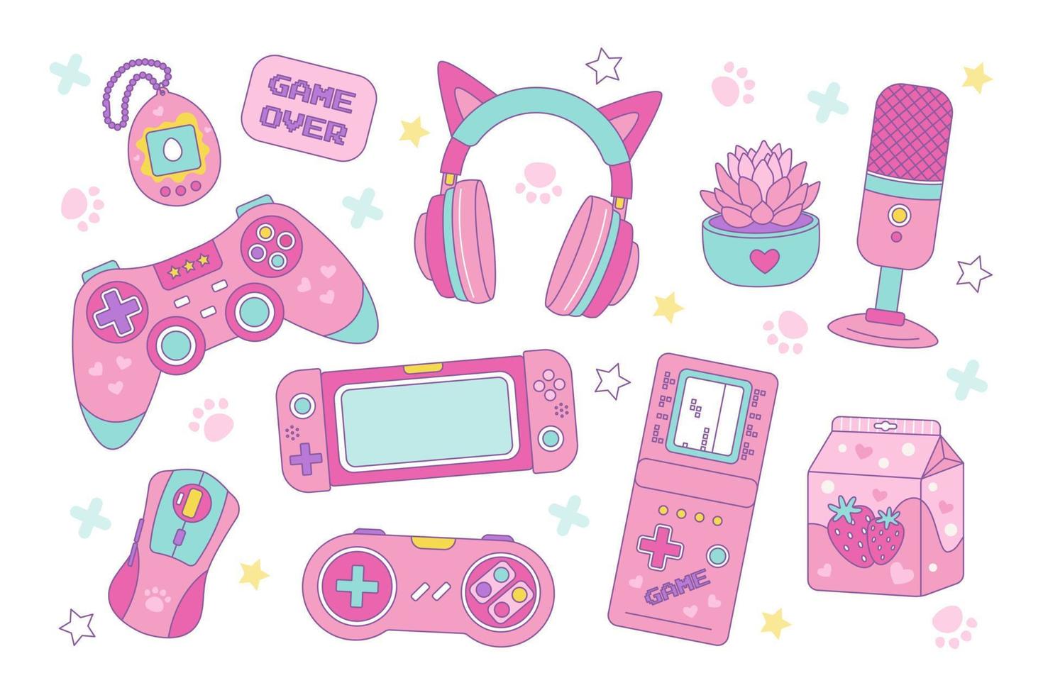 jugador niña conjunto de kawaii estilo elementos. Clásico rosado 90s juegos. vector ilustración, gamepad, palanca de mando, tamagotchi, auriculares