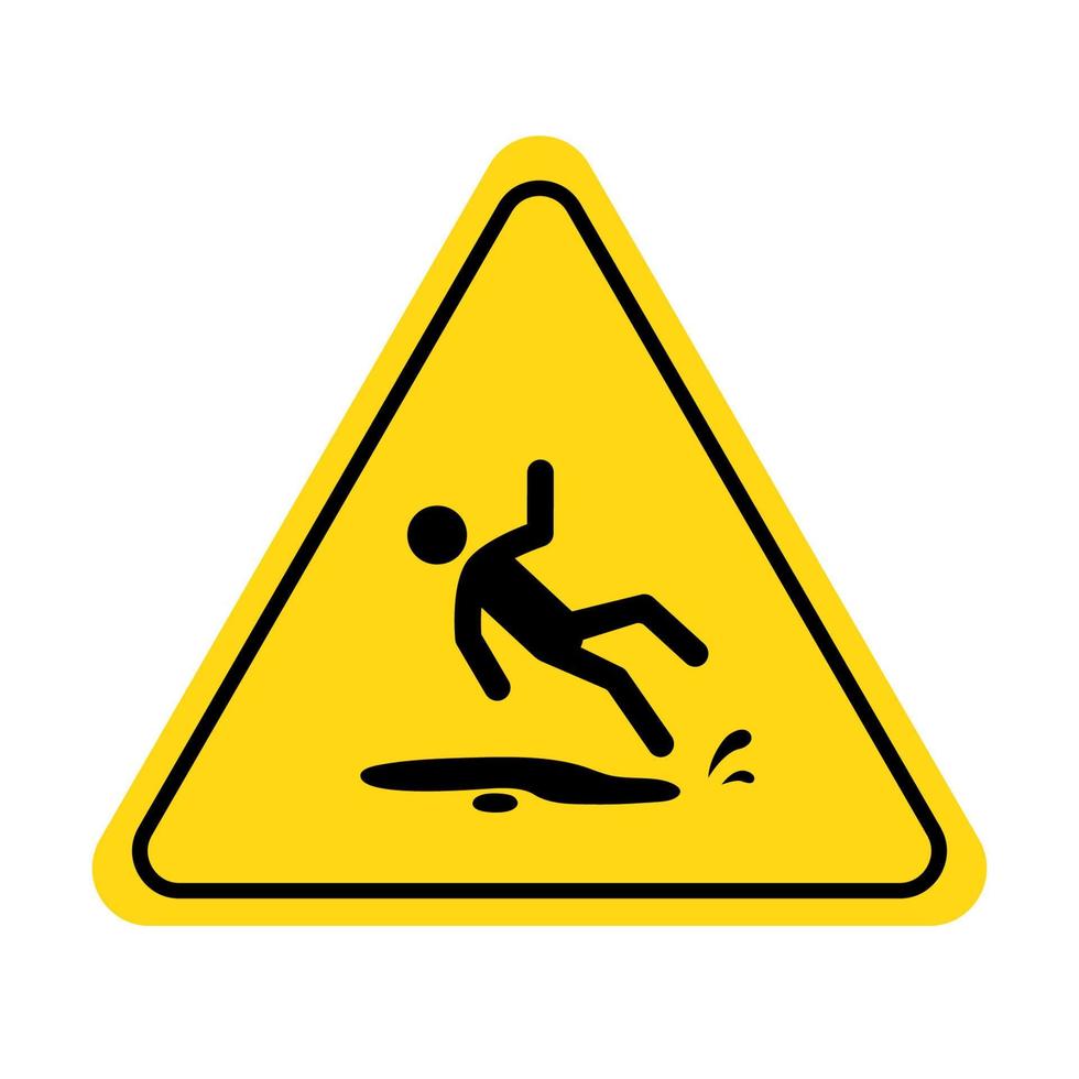 Wet floor icon. Slippery floor caution sign with fall pictogram man. Warning, danger, yellow triangle sign. vector