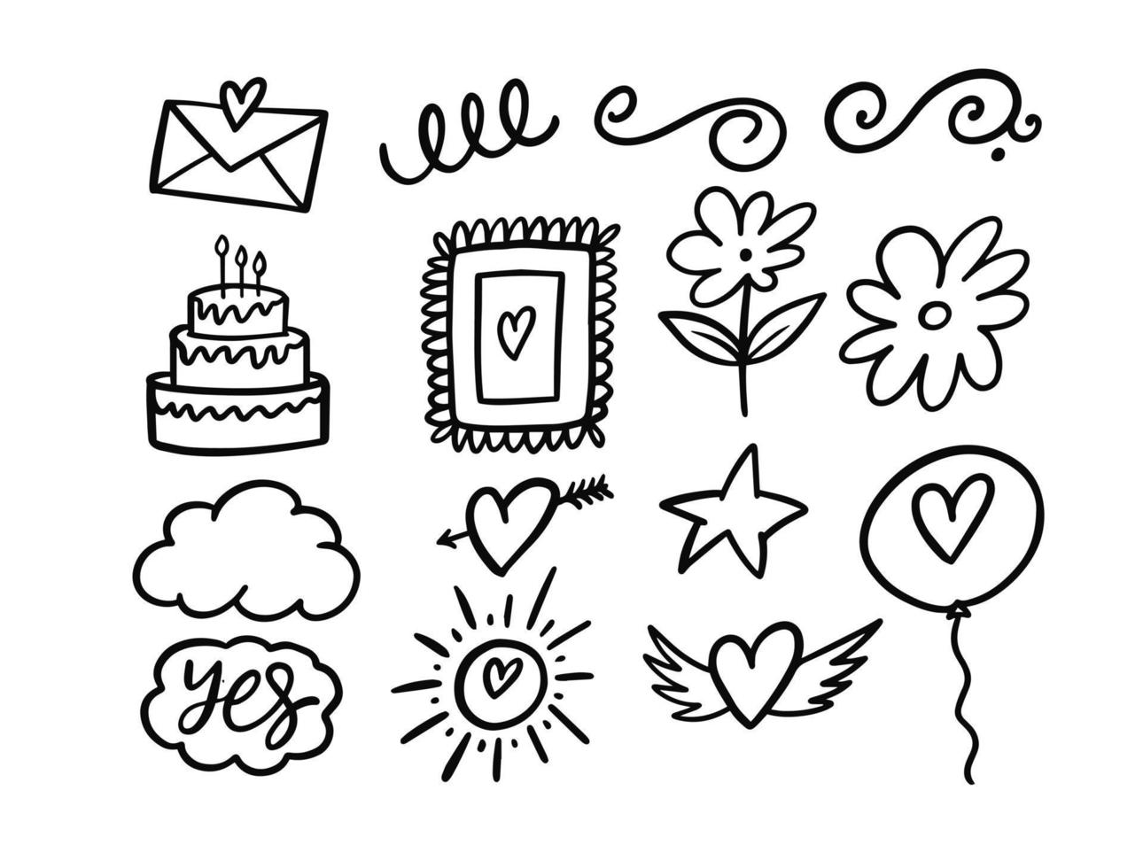 Hand drawn romantic doodle elements set. Black color outline sketch vector illustration.