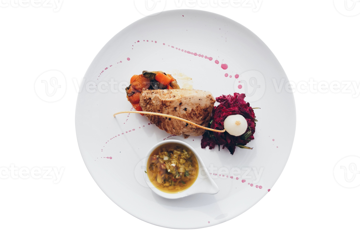 White plate with roasted chicken and fresh vegetables isolated on a transparent background png