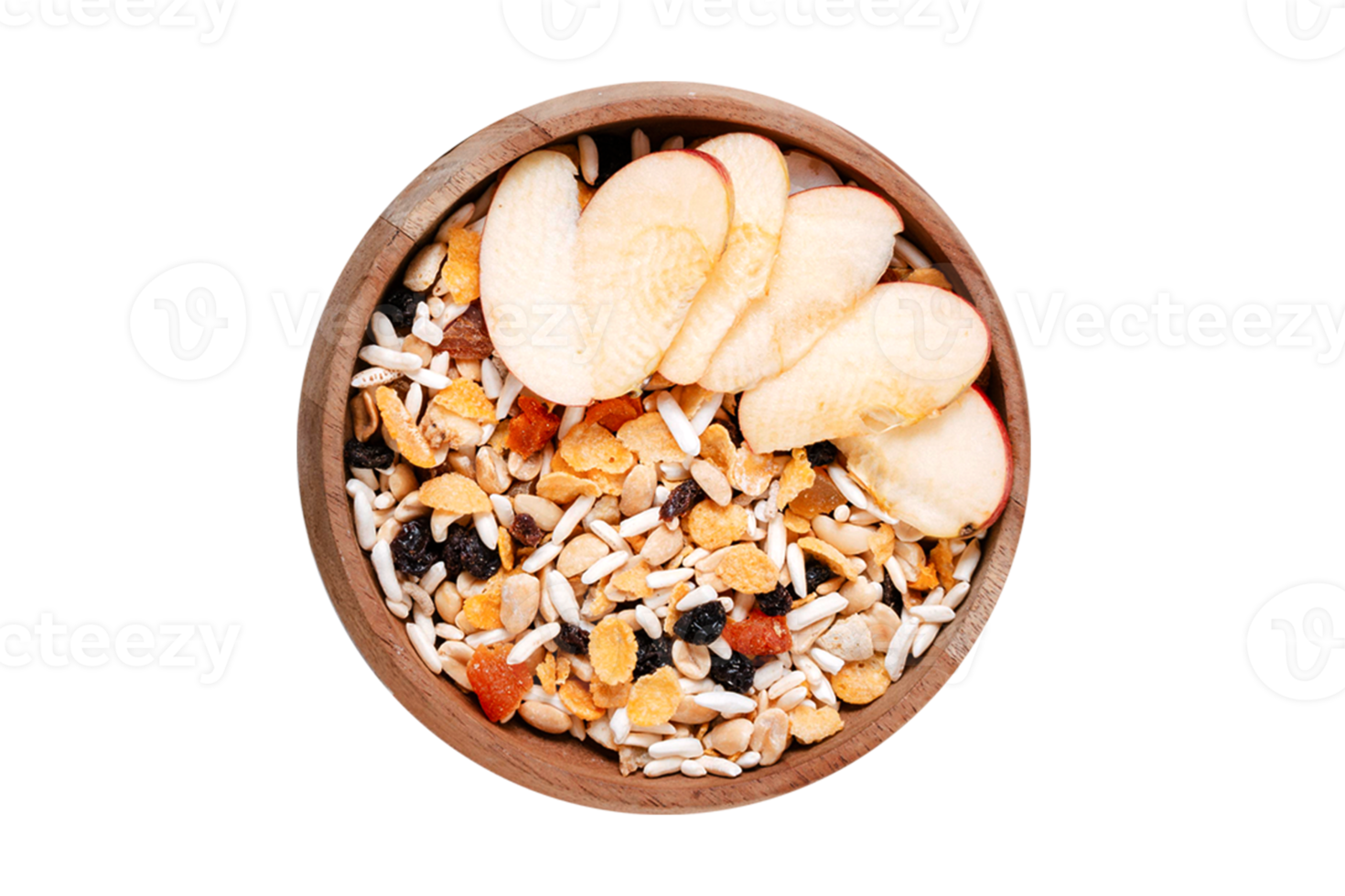 Brown bowl with fruits mix and seeds isolated on a transparent background png
