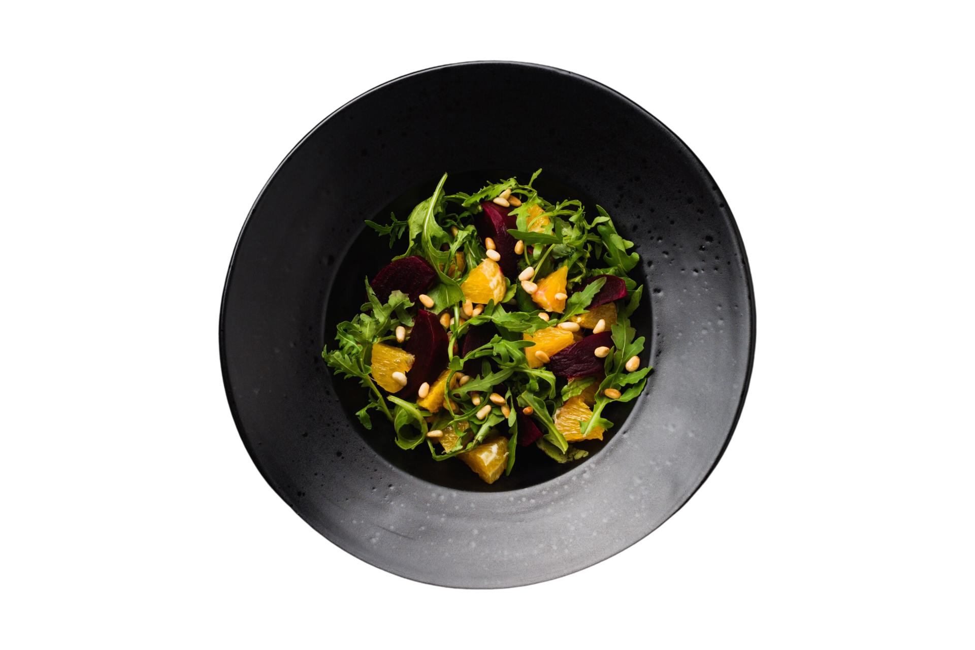 Black bowl with fresh salad isolated on a transparent background