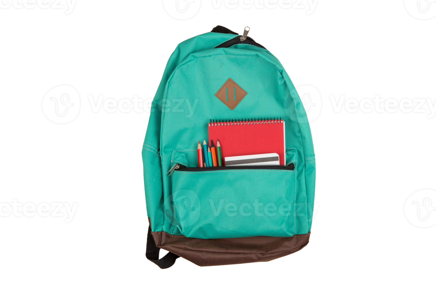 Green bag with school supplies isolated on a transparent background
