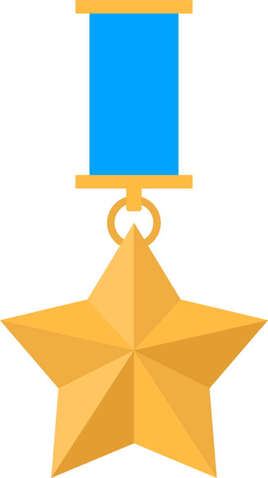 Gold star medal with blue ribbon png