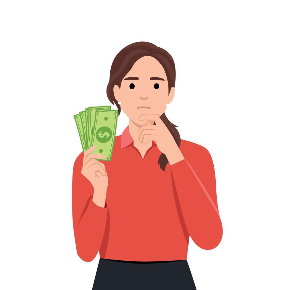 Businesswoman thinking where to go vacation and how invest earned dollars, hold cash and looking up thoughtful. Business, finance, and employment, entrepreneur and money vector