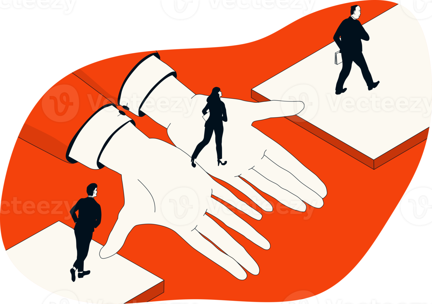 A group of people crosses the broken bridge with giant helping hands. The concept of support and help. png