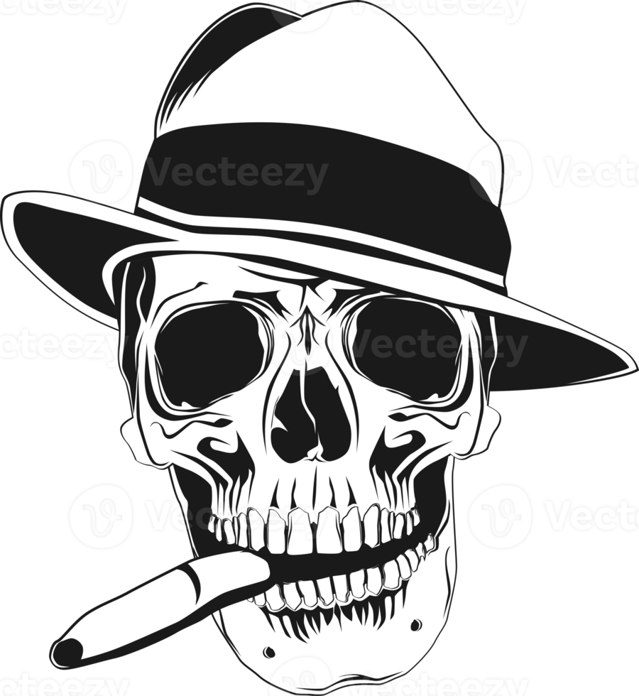 Front view of a skull with a hat and a cigar. png