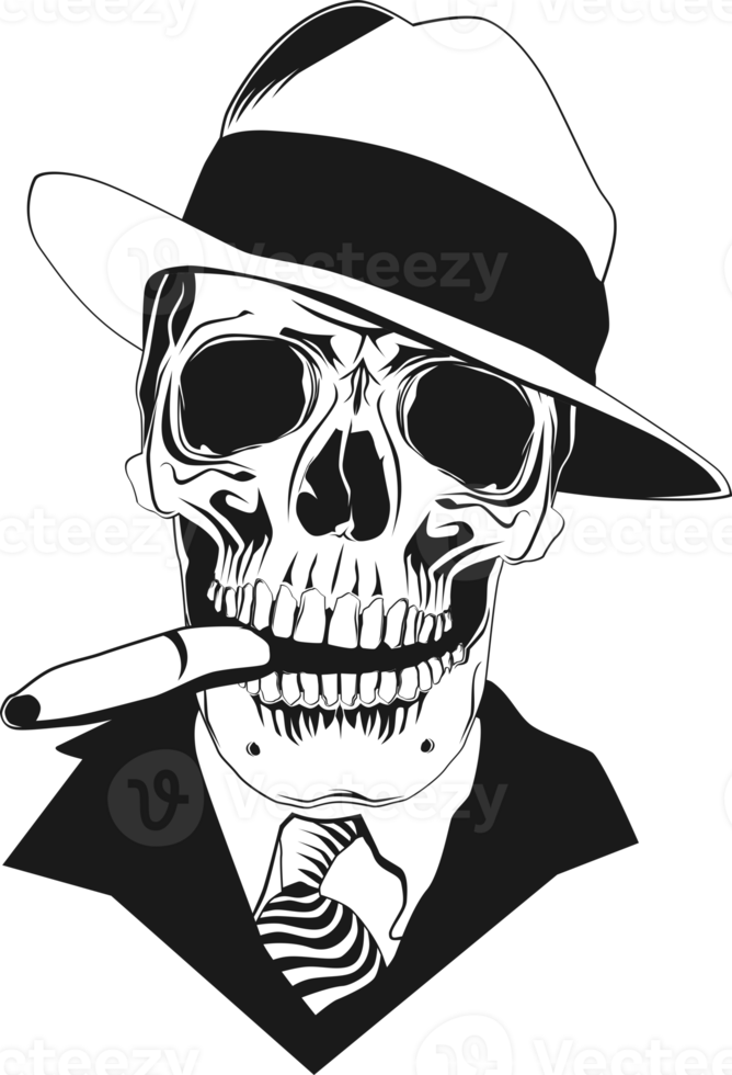 Front view of a skull with a hat and a cigar. png