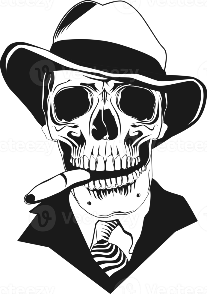 Front view of a skull with a hat and a cigar. png