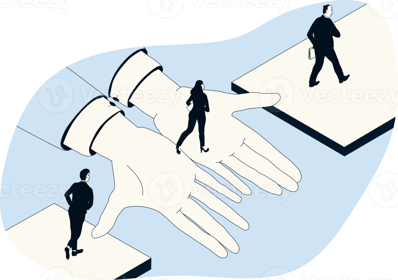 A group of people crosses the broken bridge with giant helping hands. The concept of support and help. png