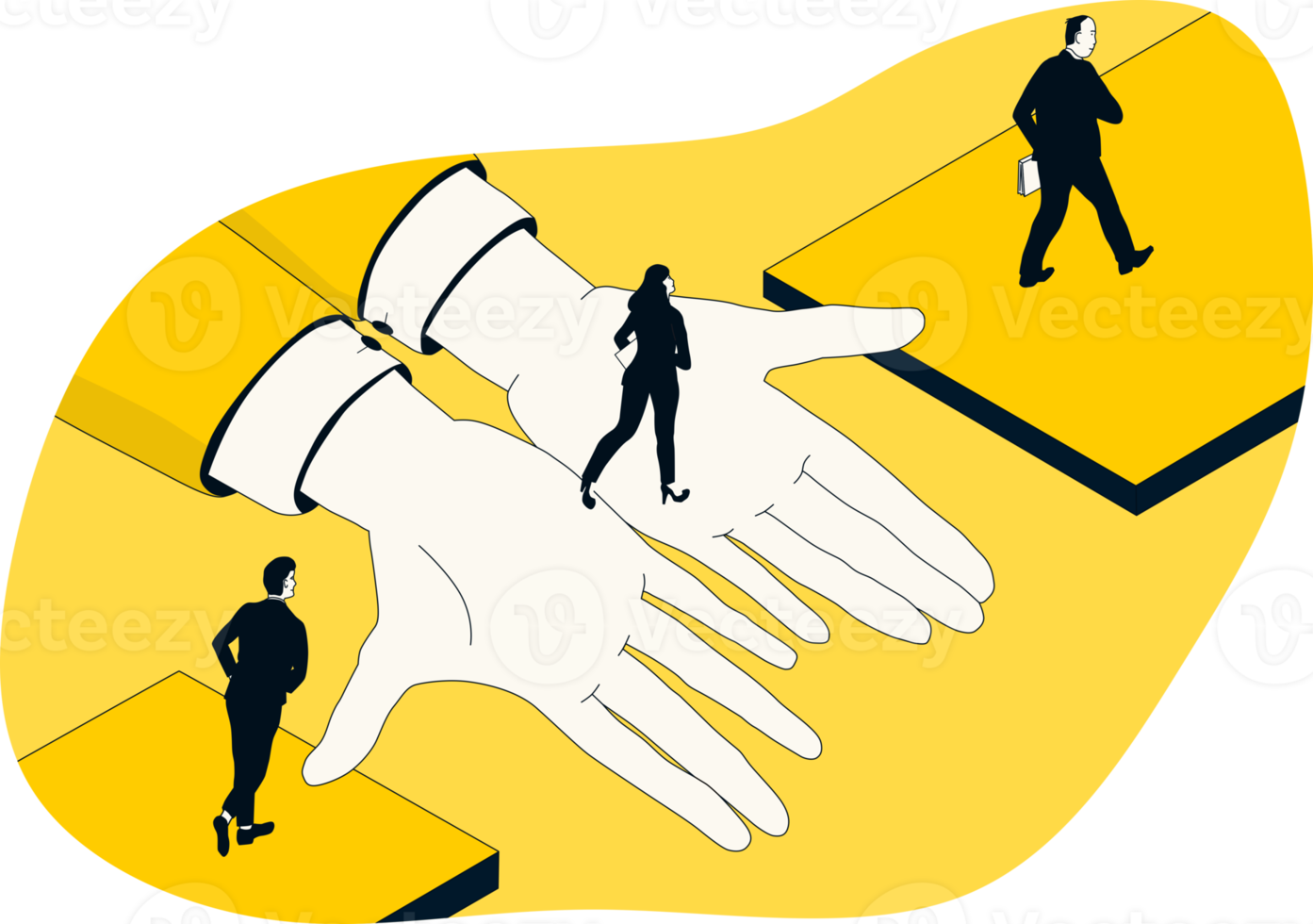 A group of people crosses the broken bridge with giant helping hands. The concept of support and help. png