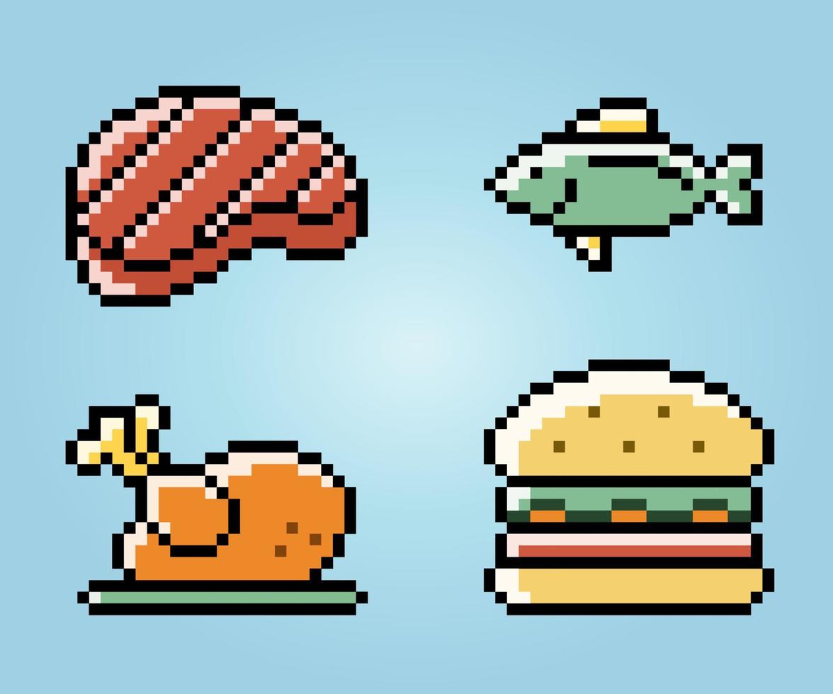 8 Bit Pixels collection Healthy food, roast beef, roasted chicken, fish, and burger. foods icon for retro games in vector illustrations.