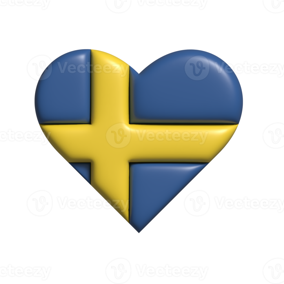 Sweden heart flag shape. 3d render png