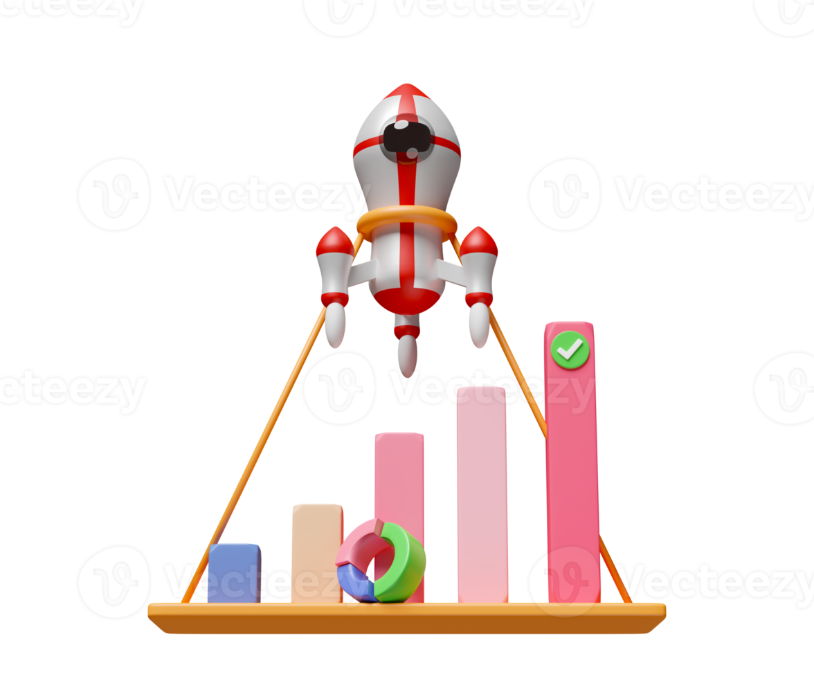 3D charts and graph with rocket, checkmark, analysis business financial data, Online marketing isolated. business growth, strategy concept, 3d render illustration png