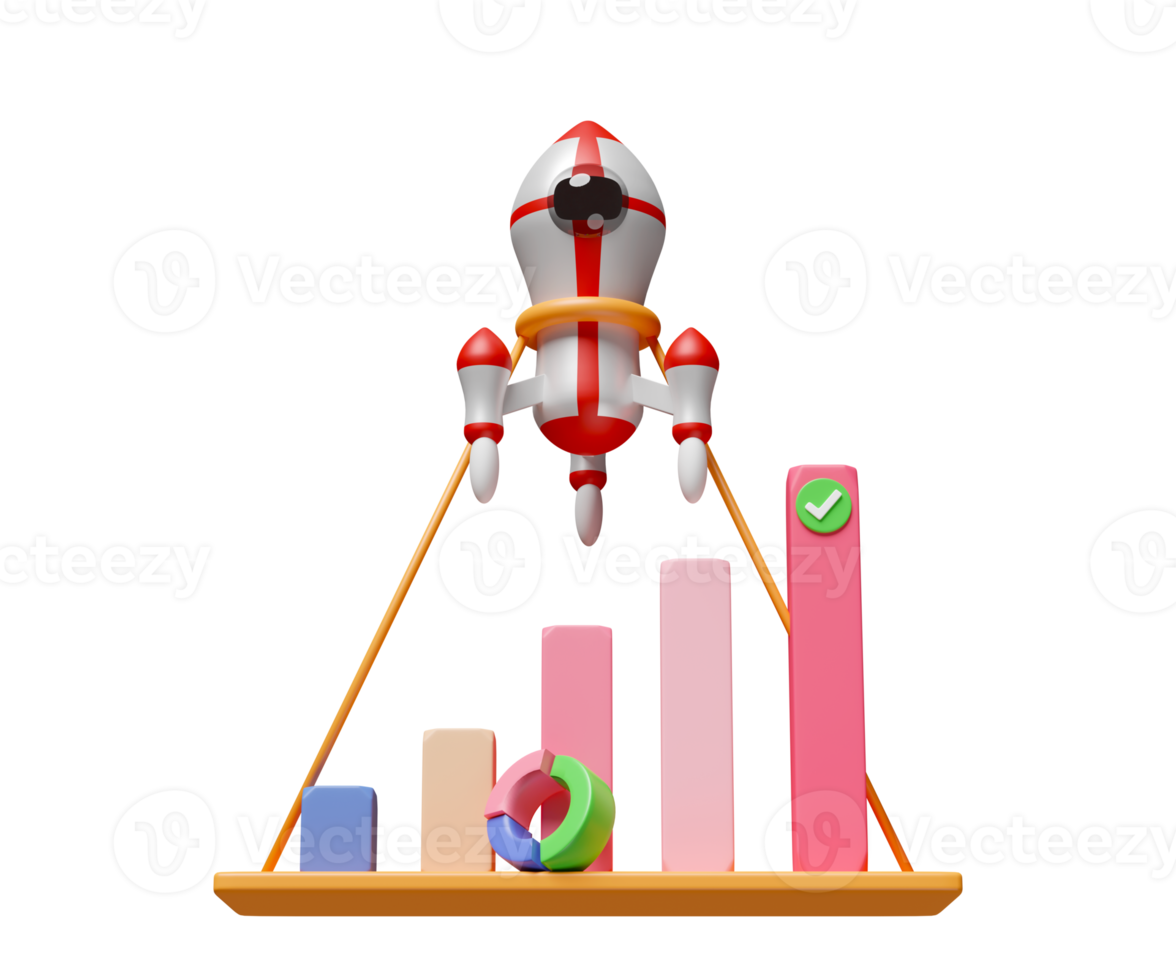 3d cartas y grafico con cohete, marca de verificación, análisis negocio financiero datos, en línea márketing aislado. negocio crecimiento, estrategia concepto, 3d hacer ilustración png