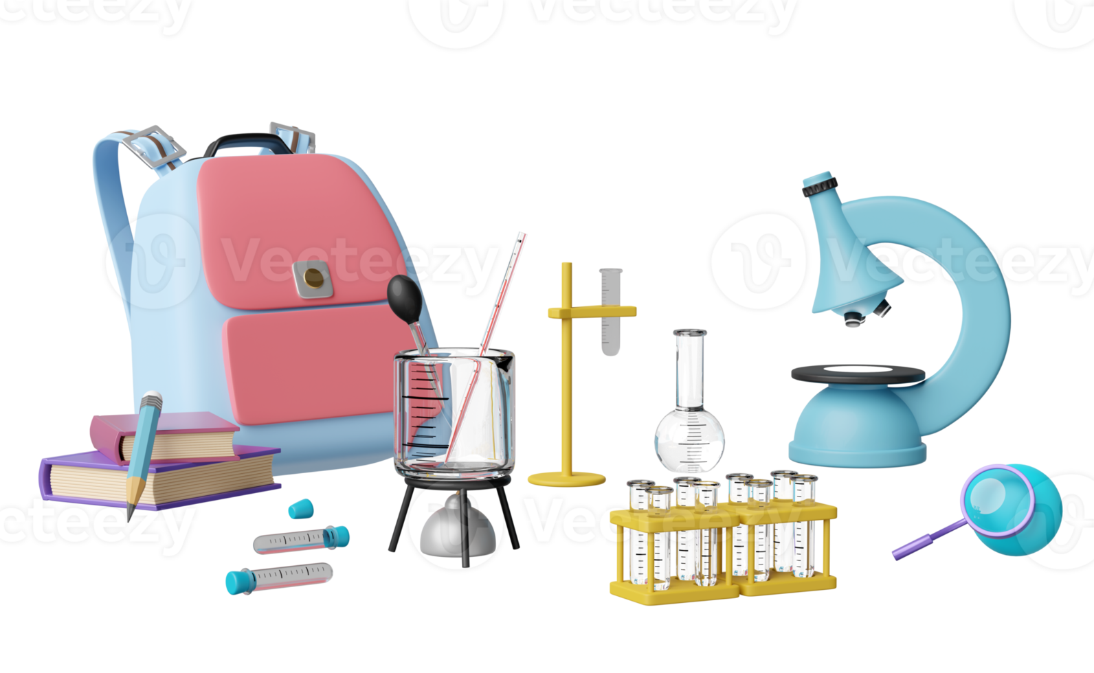 3d backpack, school bag, microscope with globe, magnifying, beaker, test tube isolated. room online innovative education, e-learning, science experiment kit concept, 3d render png