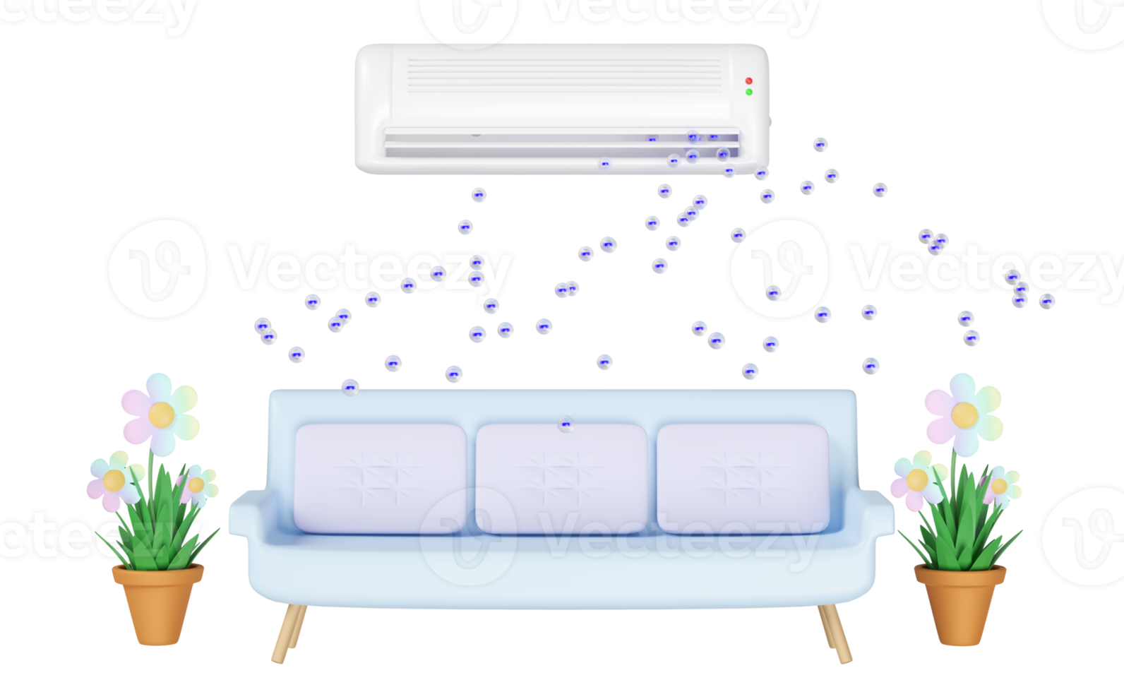 3d air conditioner system with anion, ozone, arrow air flows shows, bench or sofa in room isolated. 3d render illustration png