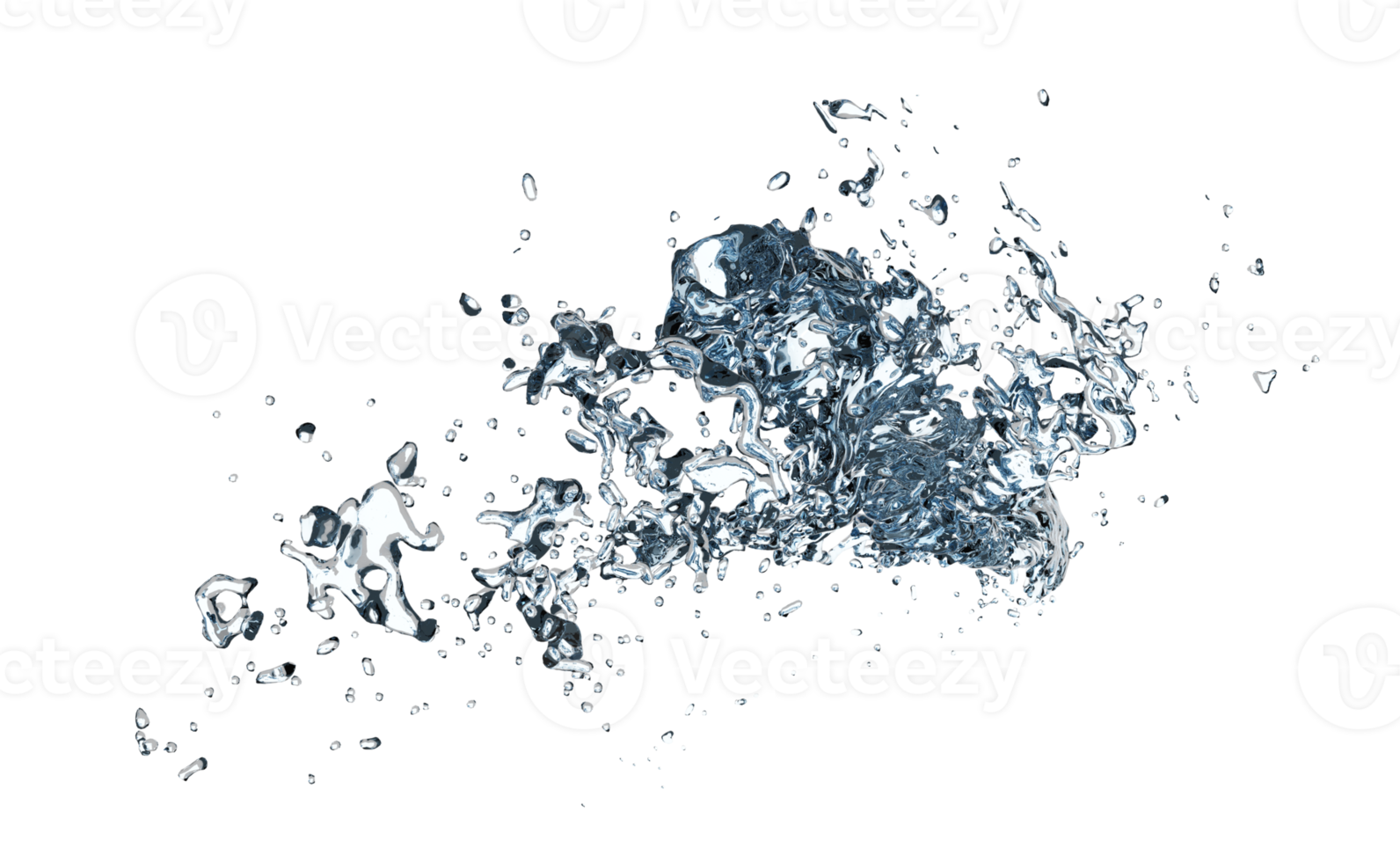 Éclaboussure d'eau 3d transparente, eau bleue claire dispersée autour d'isolement. illustration de rendu 3d png