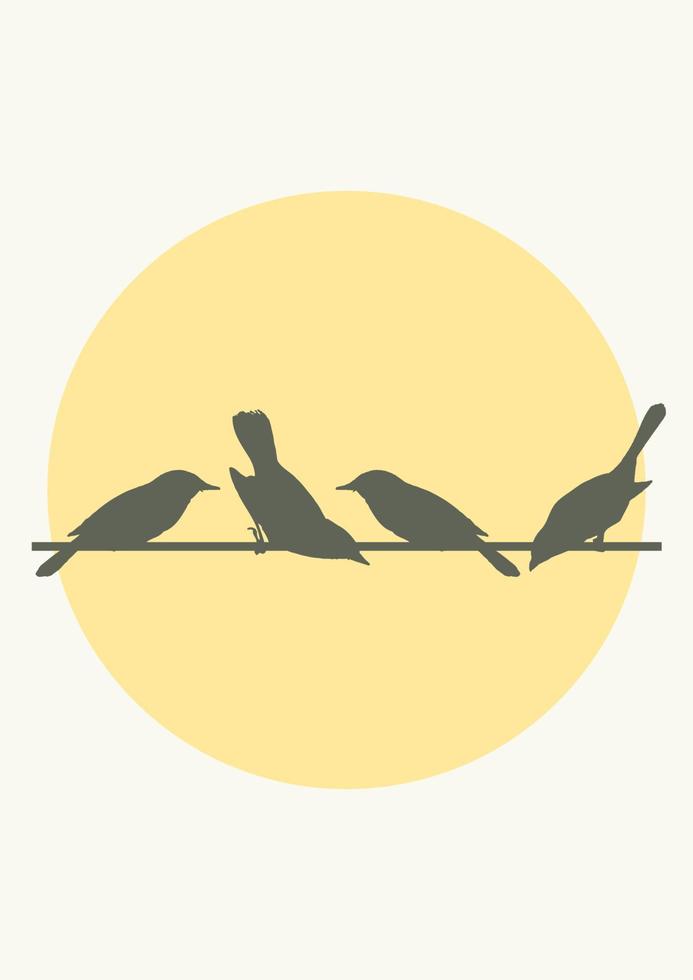 siluetas de el sentado aves en un cable en contra el Dom. estético ilustración póster. minimalista estilo pared decoración. contemporáneo artístico impresión. vector