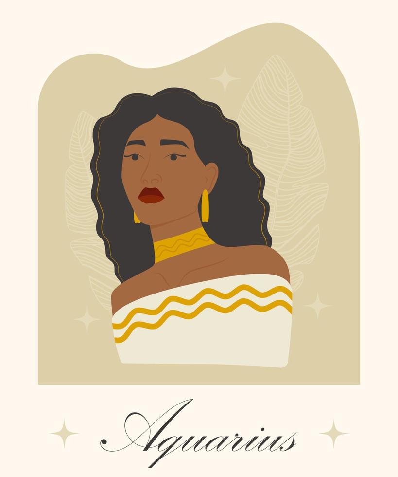 Acuario zodíaco firmar negro mujer dibujos animados ilustración. afroamericano dama en beige vestir astrológico símbolo. personaje modelo para comercial, animación, impresión vector