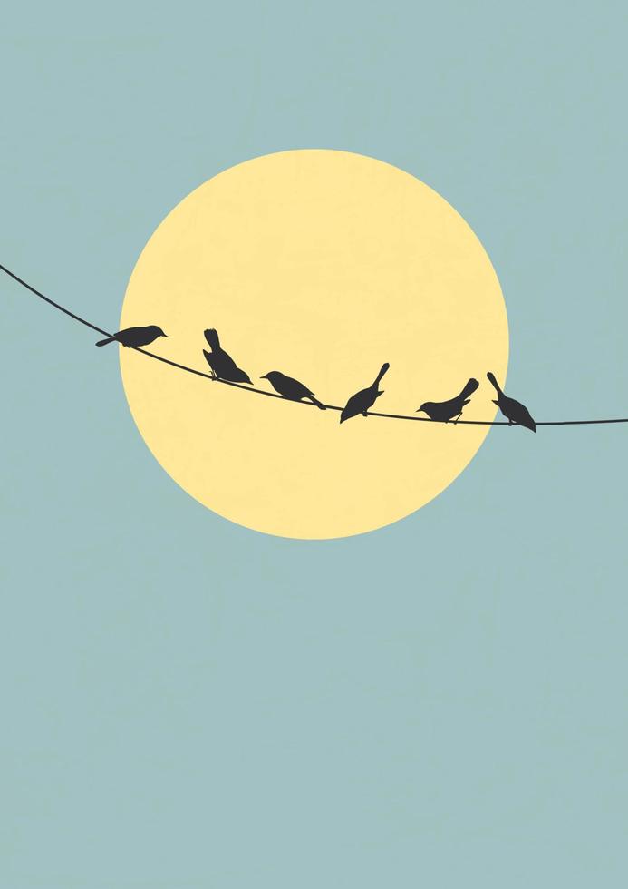 Birds on wires aesthetic illustration poster. Sun in the blue sky aesthetic illustration poster. Silhouettes of the birds sitting on a wire. Minimalistic style wall decor. vector