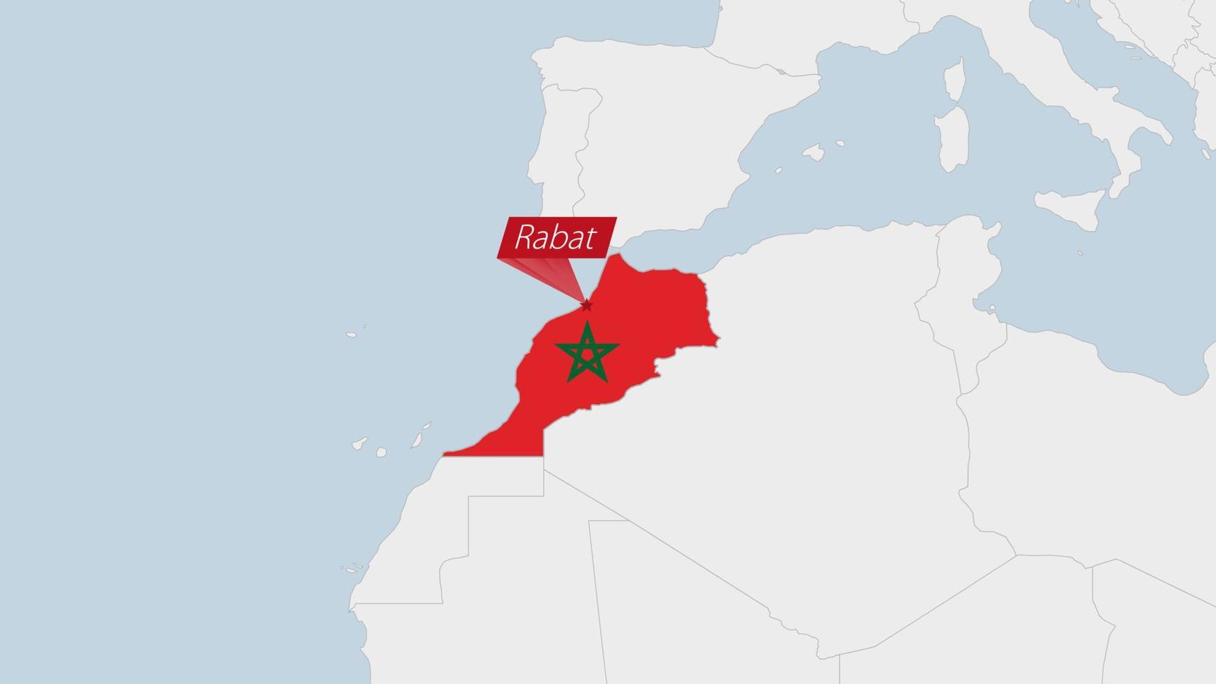 Morocco map highlighted in Morocco flag colors and pin of country capital Rabat. vector