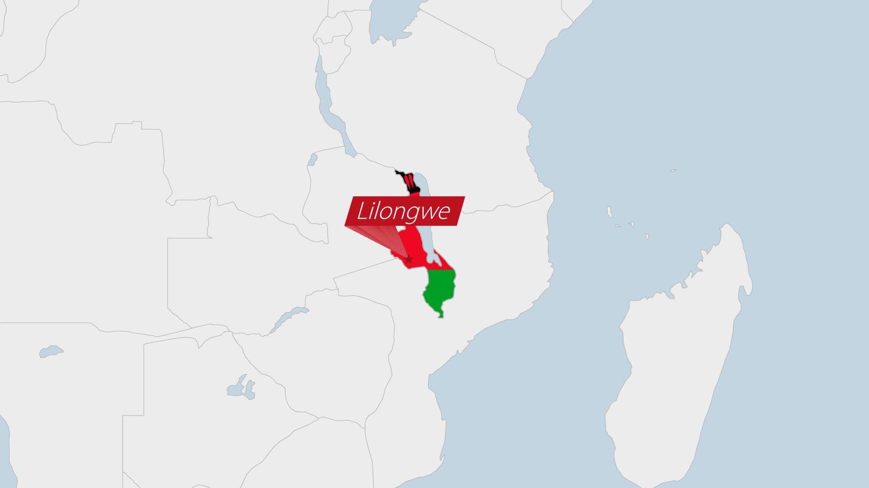 Malawi map highlighted in Malawi flag colors and pin of country capital Lilongwe. vector