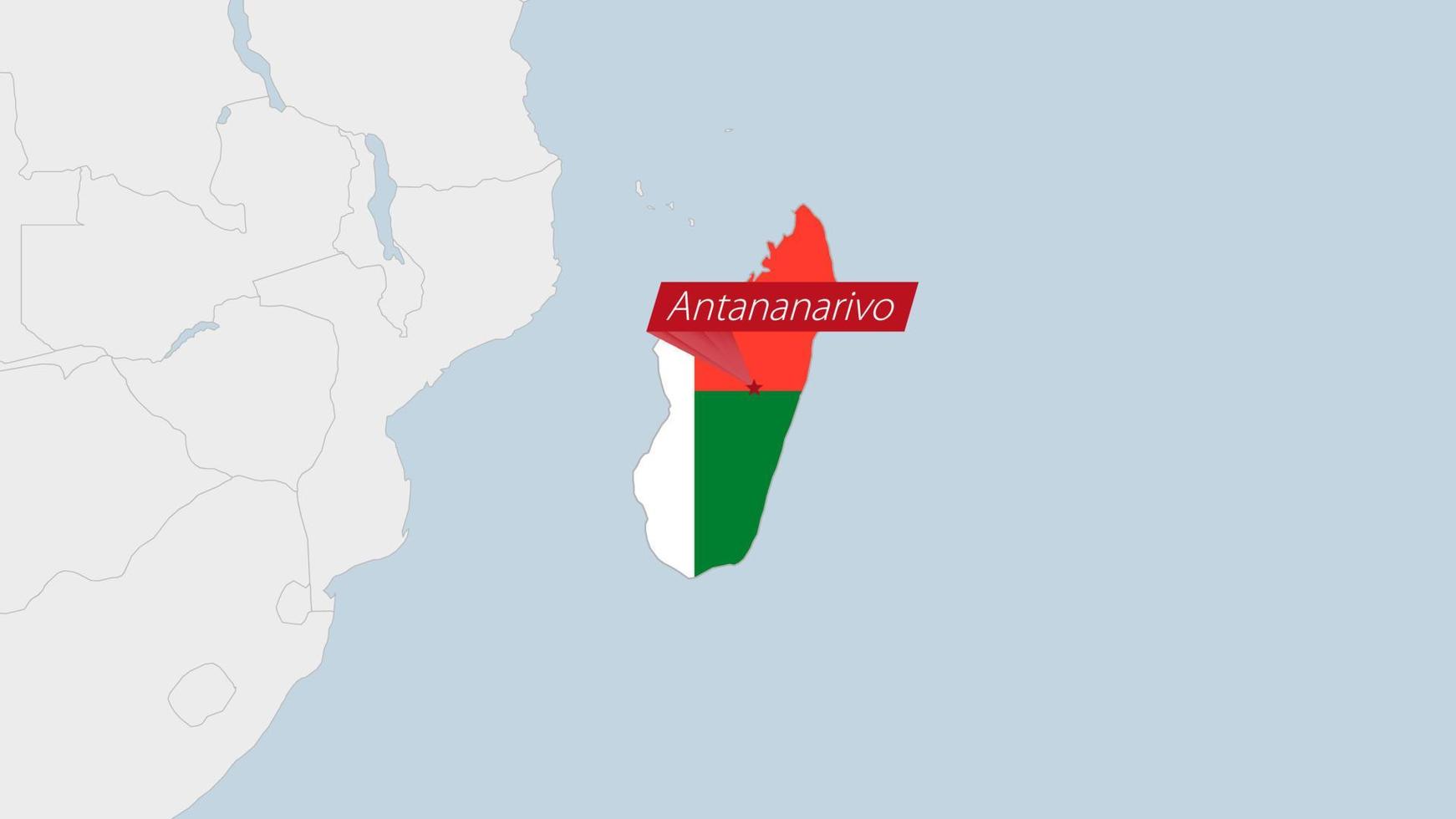 Madagascar map highlighted in Madagascar flag colors and pin of country capital Antananarivo. vector