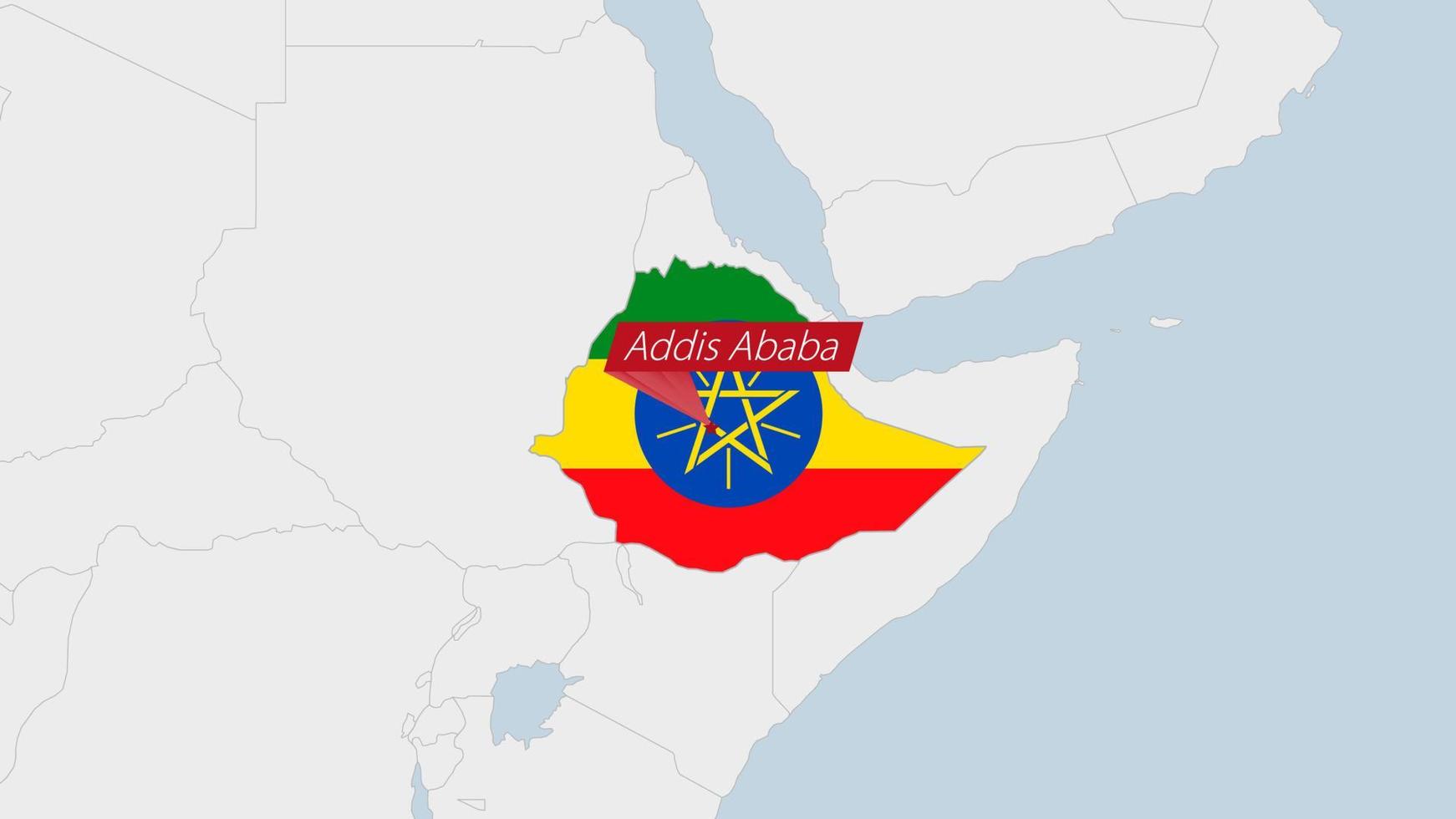 Ethiopia map highlighted in Ethiopia flag colors and pin of country capital Addis Ababa. vector