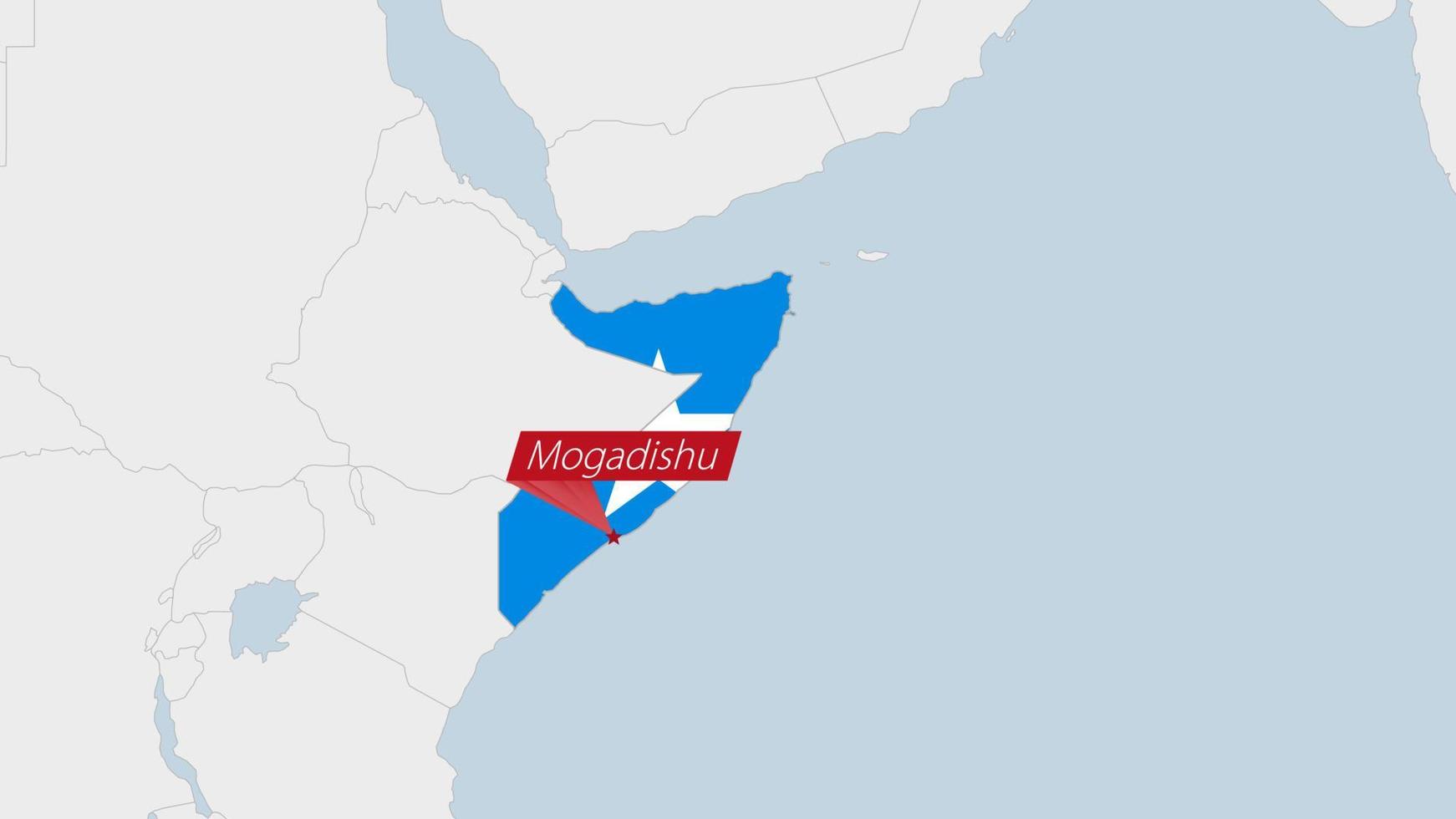 Somalia map highlighted in Somalia flag colors and pin of country capital Mogadishu. vector