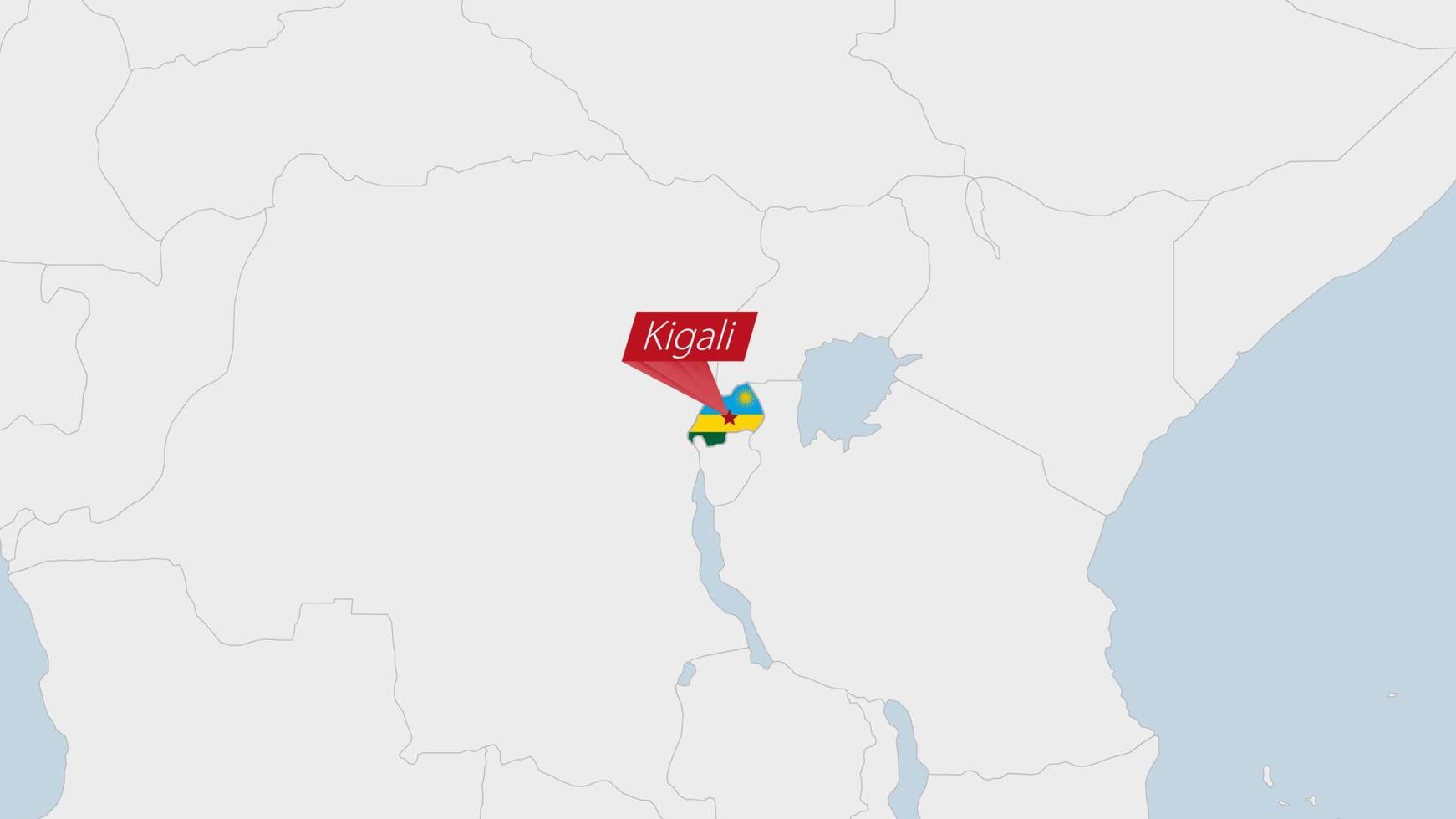 Rwanda map highlighted in Rwanda flag colors and pin of country capital Kigali. vector