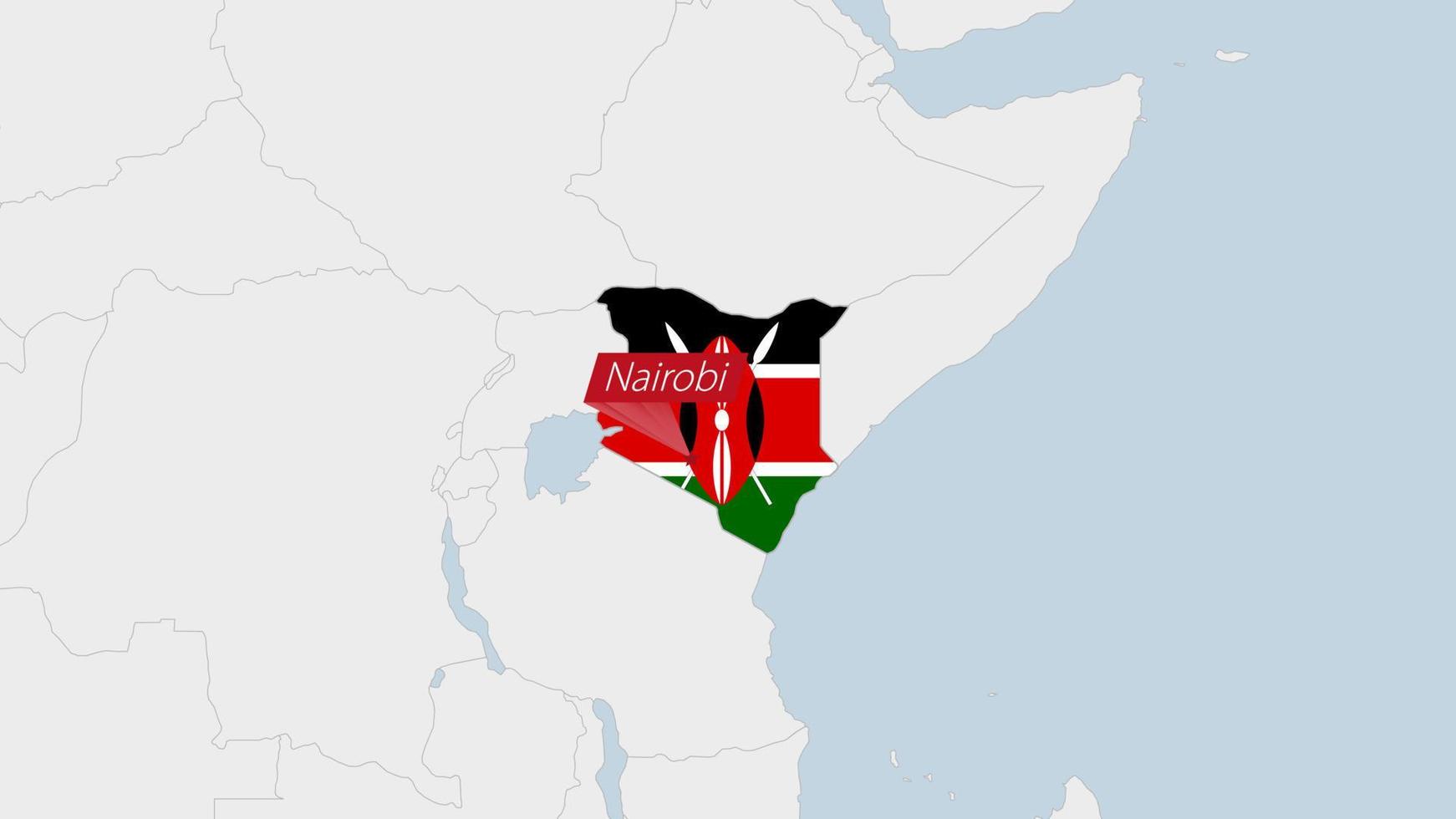 Kenya map highlighted in Kenya flag colors and pin of country capital Nairobi. vector