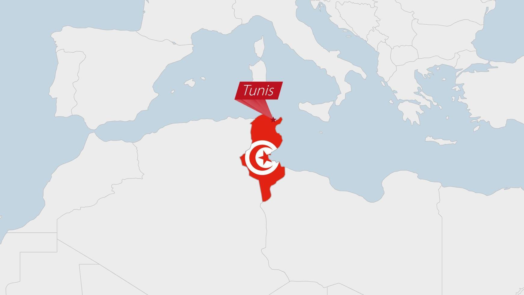 Tunisia map highlighted in Tunisia flag colors and pin of country capital Tunis. vector